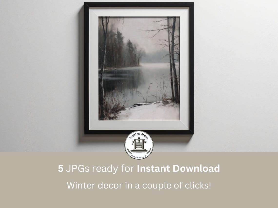 Misty Winter Lake With Birch Trees Serene Winter Landscape Poster