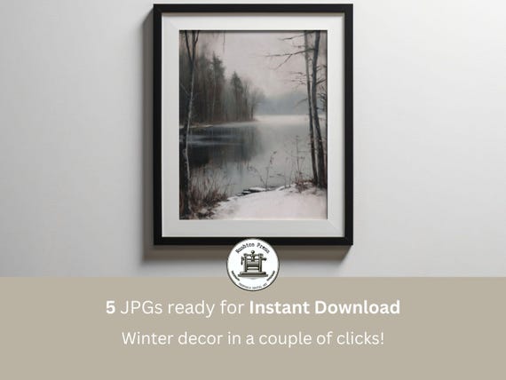 Winter Lakeside Painting Snowy Forest Art Print