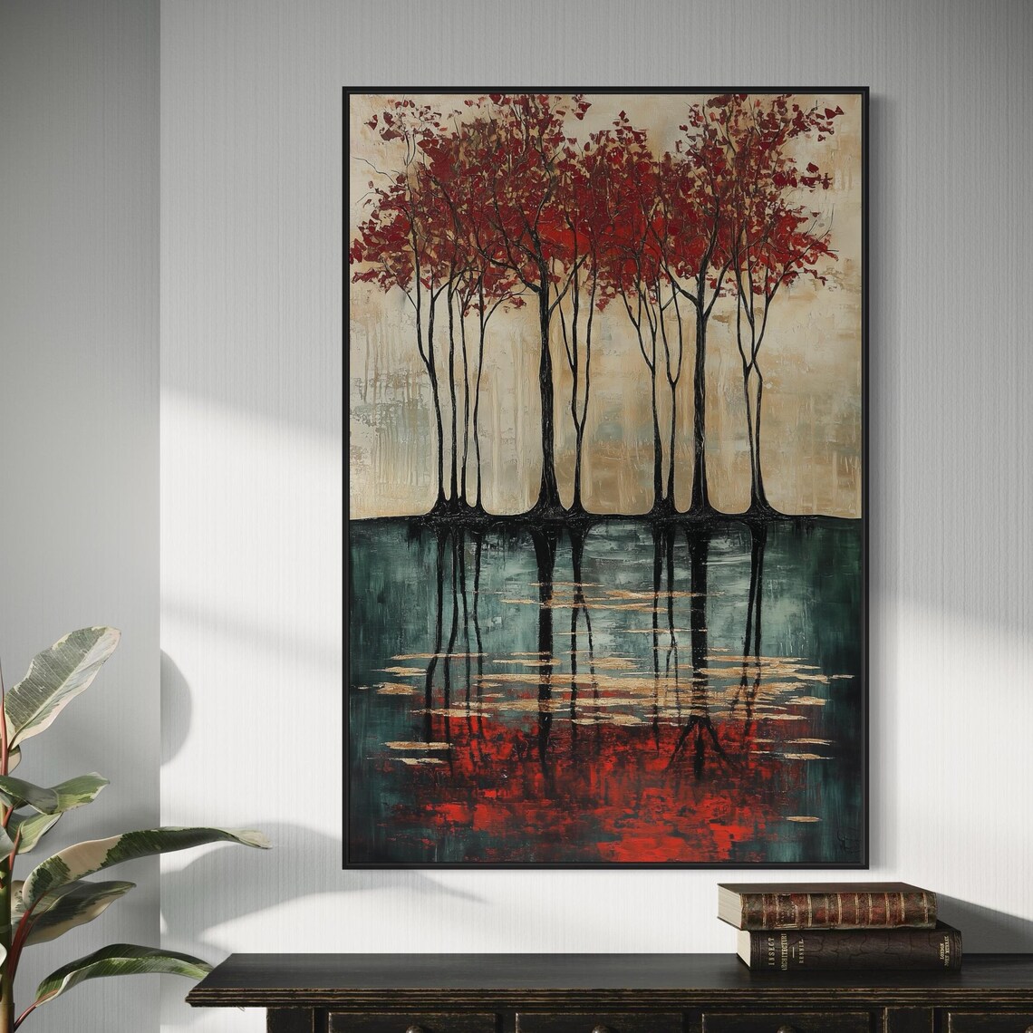 Modern Red Tree Wall Art Abstract Forest Scene Print With Reflection And Vivid Colors Elegant Autumnal Decor For Luxury Home Spaces