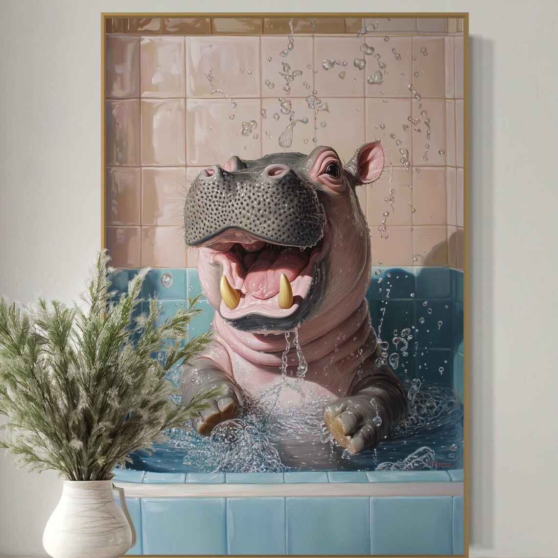 Happy Baby Hippo Splashing Bubble Bath Playful Nursery Bathroom Art Poster