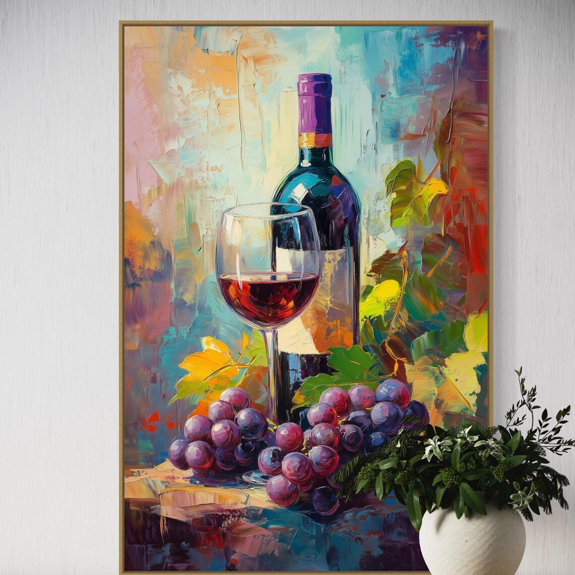 Rustic Wine Bottle Red Wine Glass Purple Grapes Still Life Vibrant Wall Poster