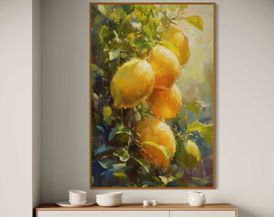 Sunlit Lemons on Tree Branch Impressionist Kitchen Wall Art Print