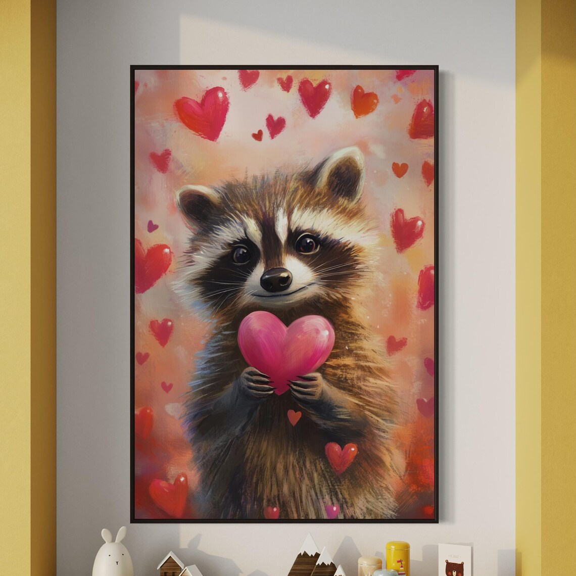 Cute Raccoon Pink Heart Red Hearts Adorable Love Whimsical Animal Wall Poster