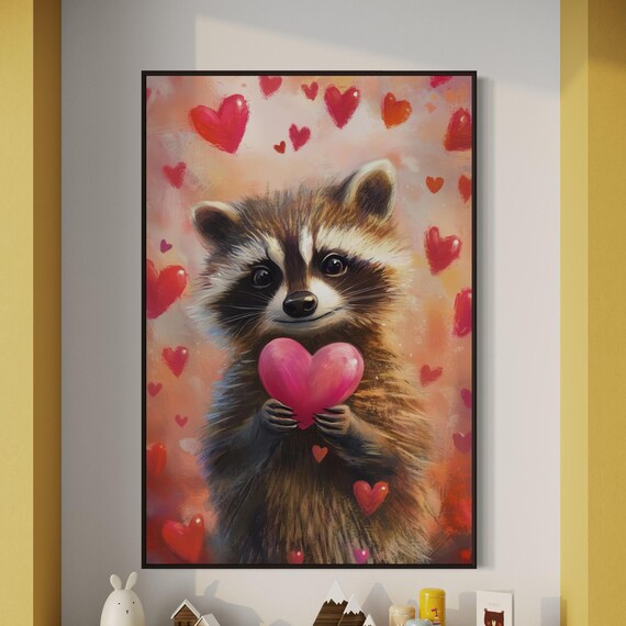 Cute Raccoon Pink Heart Red Hearts Adorable Love Whimsical Animal Wall Poster
