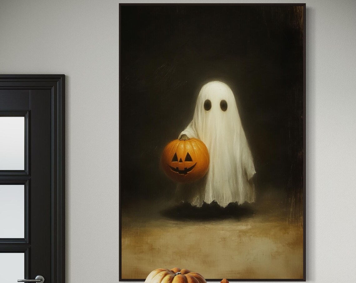 Creepy Ghost Halloween Art Print, Spooky Jack O Lantern