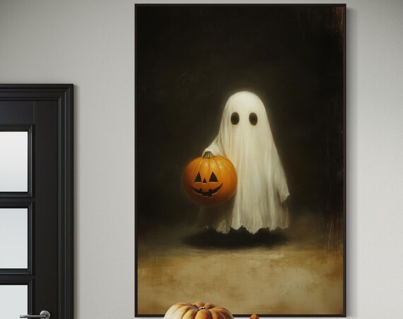Creepy Ghost Halloween Art Print, Spooky Jack O Lantern