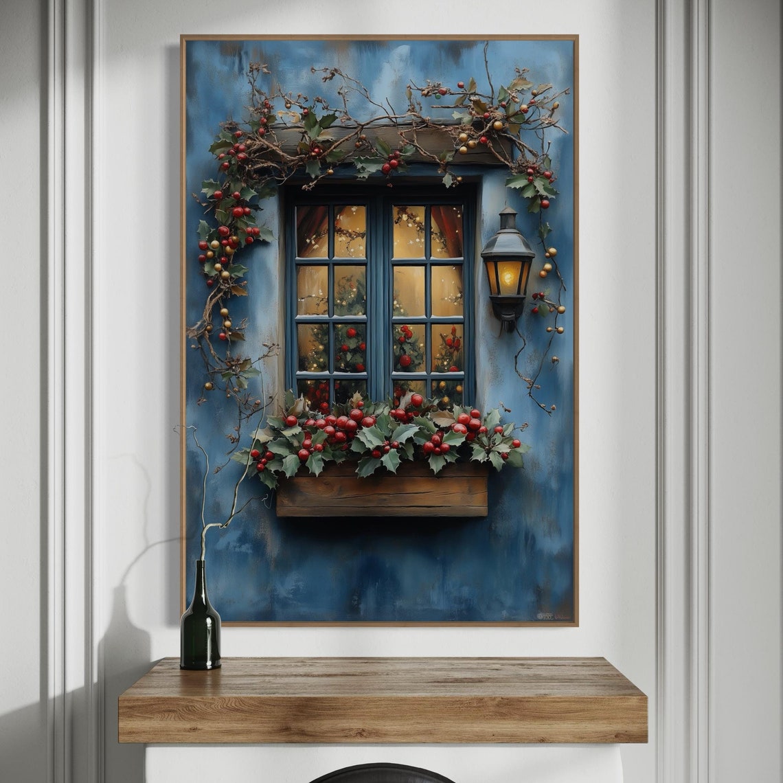 Christmas Window Holly Berries Festive Glow Rustic Holiday Poster