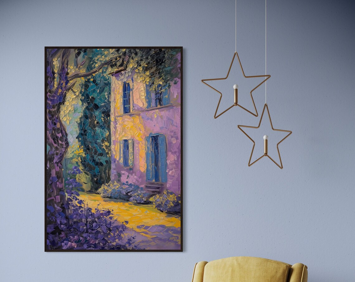 Purple Violet Country House Blue Shutters Impasto Village Art Poster - Image 5
