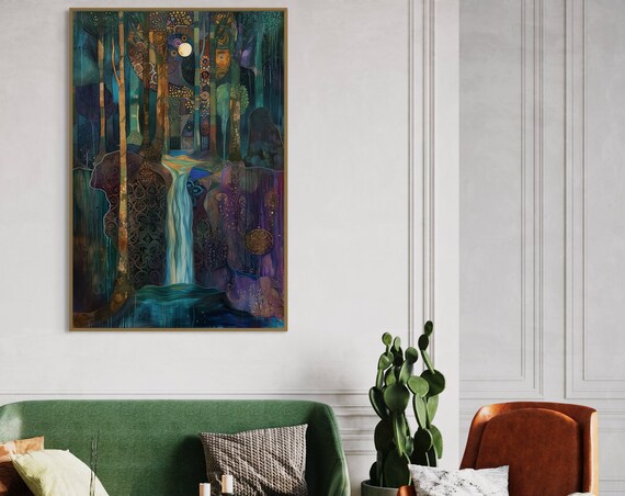 Enchanted Forest Art Klimt Inspired Print Dreamlike Waterfall And Magical Woods Vibrant Color Abstract Forest