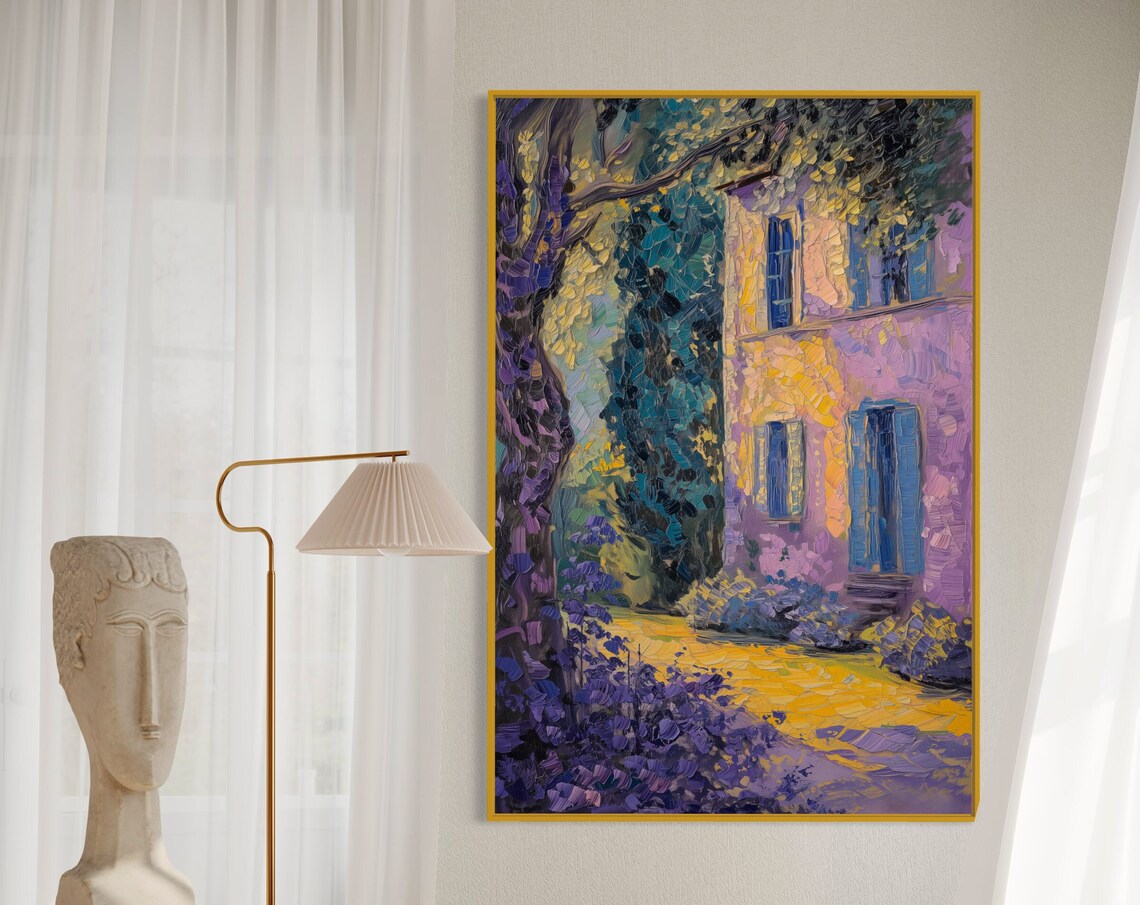 Purple Violet Country House Blue Shutters Impasto Village Art Poster