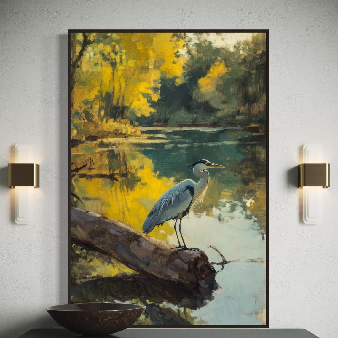 Blue Heron Log Autumn River Golden Forest Bird Wildlife Poster