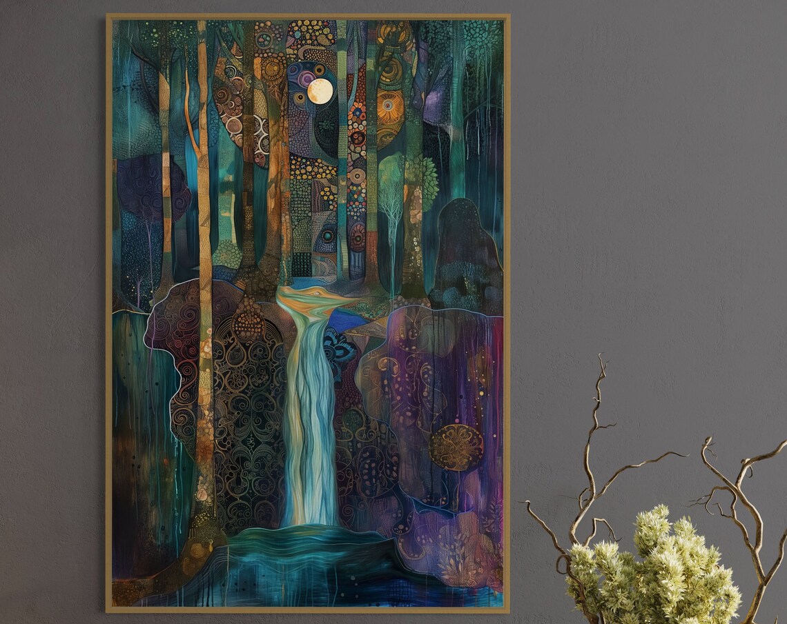 Enchanted Forest Art Klimt Inspired Print Dreamlike Waterfall And Magical Woods Vibrant Color Abstract Forest - Image 4