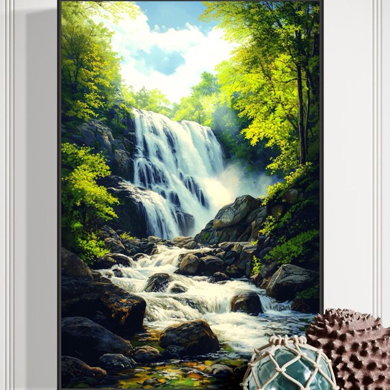 Cascading Waterfall Art Misty Forest Print Relaxing Wall Art Large Vertical Nature Art Zen Artwork For Living Room Or Bedroom
