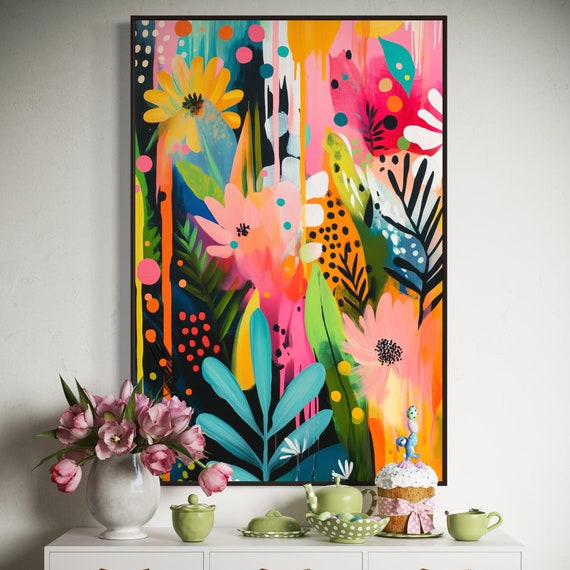 Abstract Plant Wall Art Vibrant Exotic Floral Colorful Tropical Print Bold Nature Inspired Decor For Living Room Or Above Bed