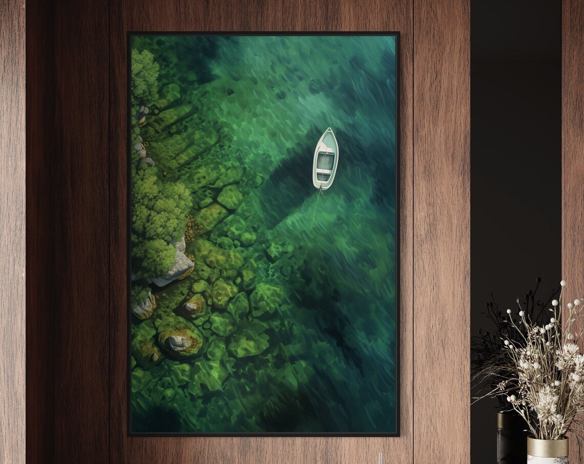 Emerald Escape Boat Art Print, Modern Lake House Decor