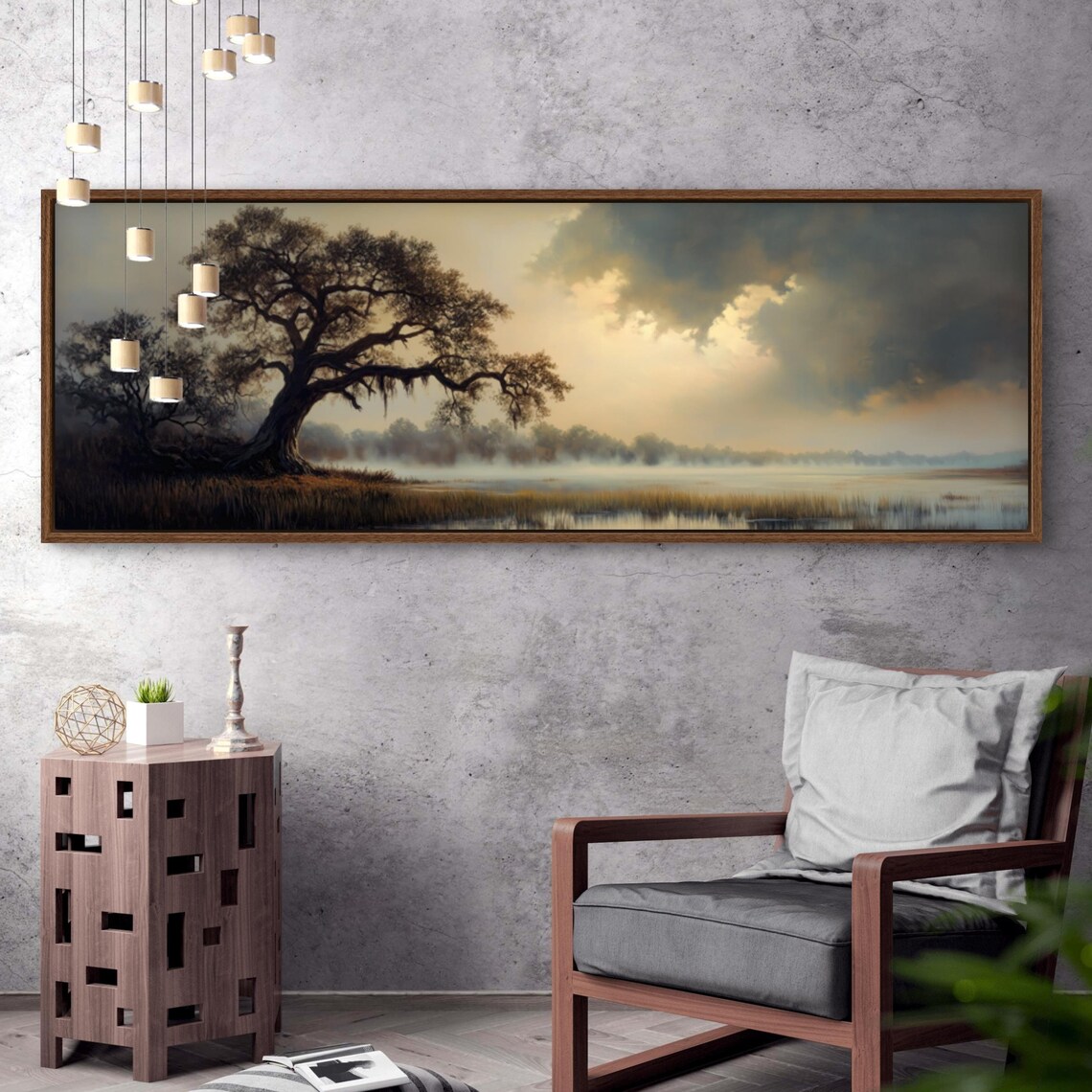 Majestic Oak Tree Misty Lakeside Dawn Golden Light Moody Nature Print