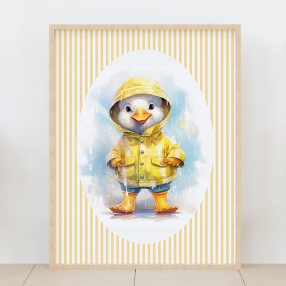 Kids Room Duck Nursery Wall Art Cute Duckling In Raincoat Poster Yellow Gender Neutral Baby Decor