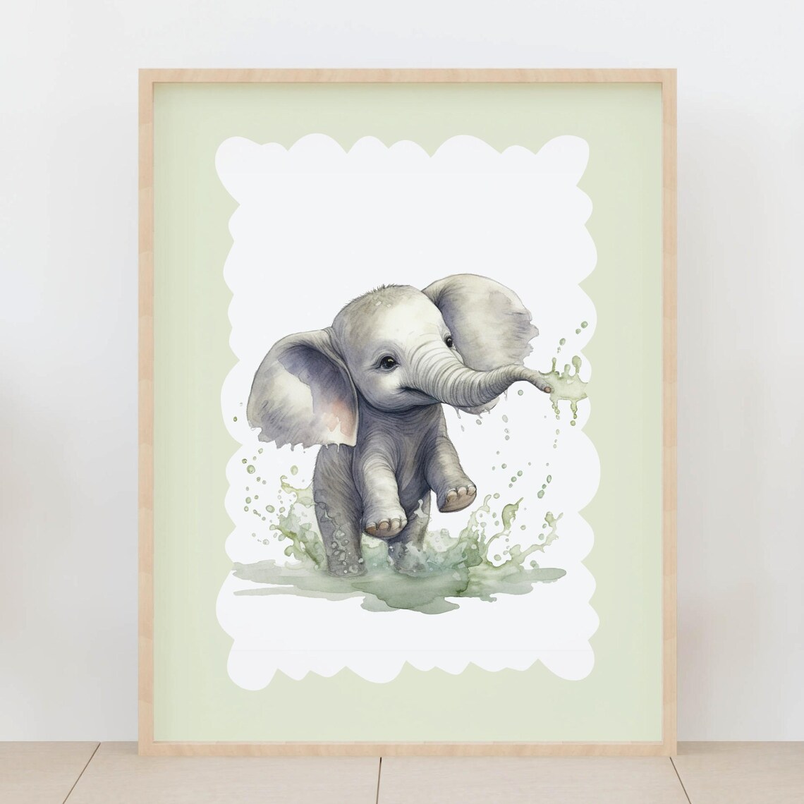 Cute Baby Elephant Splashing Water Watercolor Safari Nursery Poster