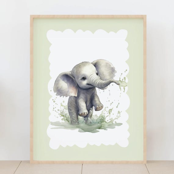 Baby Elephant Wall Art Safari Animal Nursery Decor Splash Watercolor Kids Room Jungle Poster