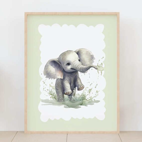 Cute Baby Elephant Splashing Water Watercolor Safari Nursery Poster