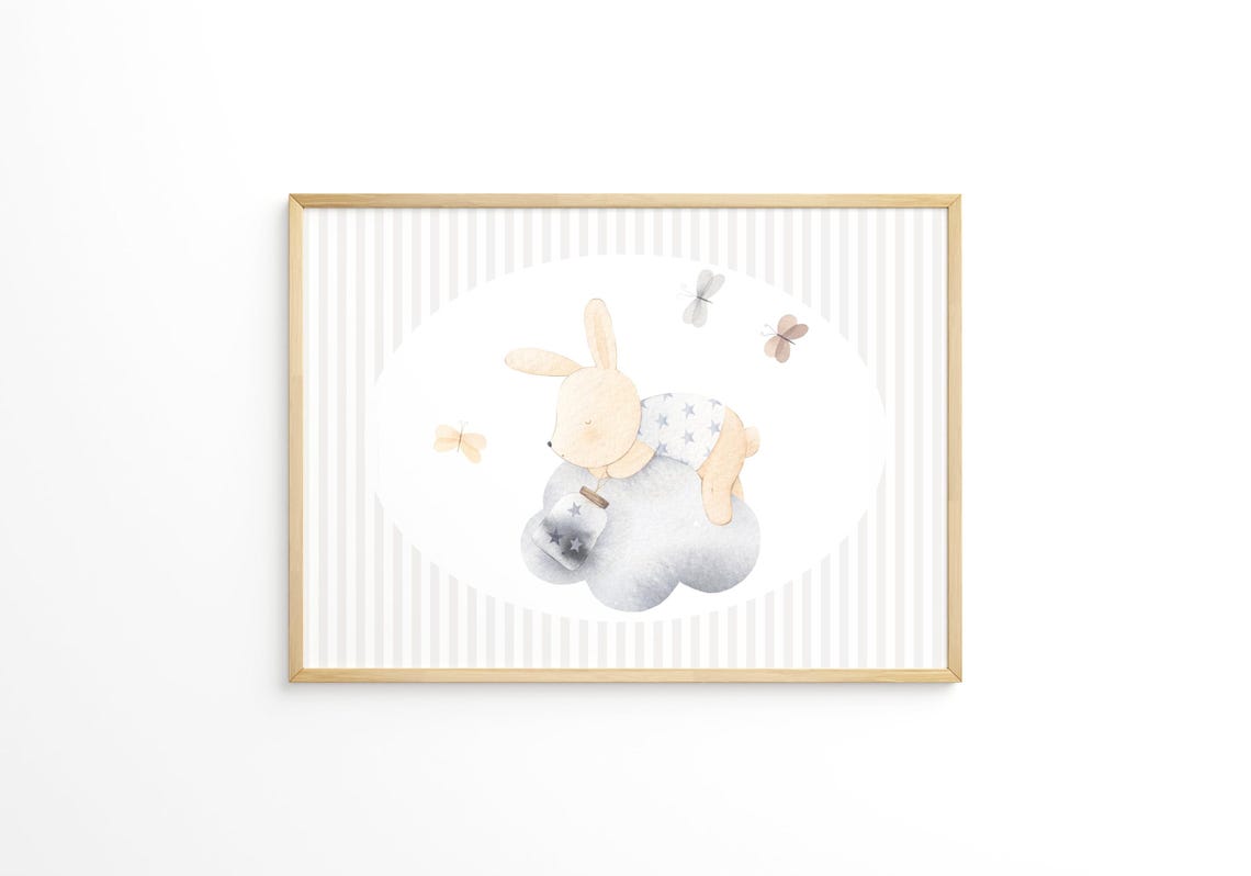 Soft Sleepy Bunny Napping on a Cloud Watercolor Nursery Wall Art