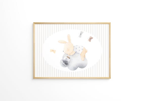 Neutral Stripes Baby Room Decor Sleeping Bunny Nursery Wall Art Cute Animal Kids Poster Gender Artwork