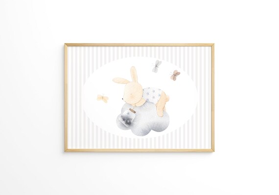 Soft Sleepy Bunny Napping on a Cloud Watercolor Nursery Wall Art