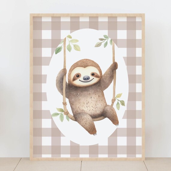 Cute Smiling Sloth on a Swing Watercolor Nursery Animal Poster