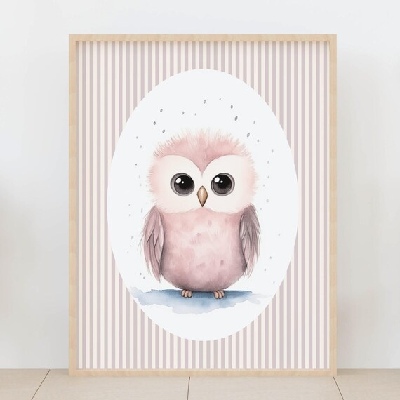 Baby Pink Owl Watercolor Cute Nursery Kids Animal Bird Poster