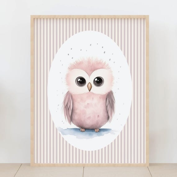 Girls Room Owl Nursery Wall Art Stripes Theme Baby Decor Whimsical Animal Poster