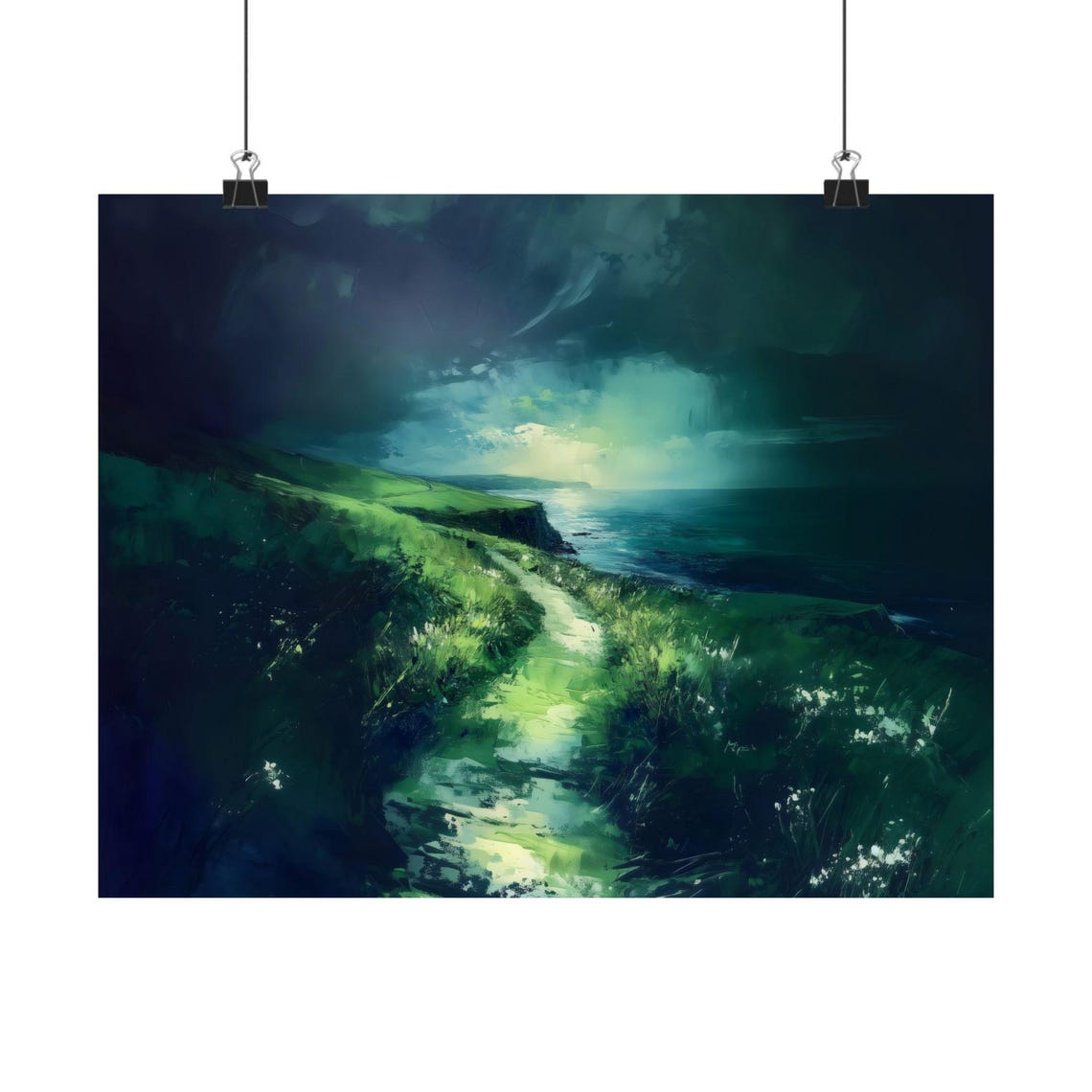 Emerald Irish Coastal Cliffs With a Winding Path at Dusk Poster