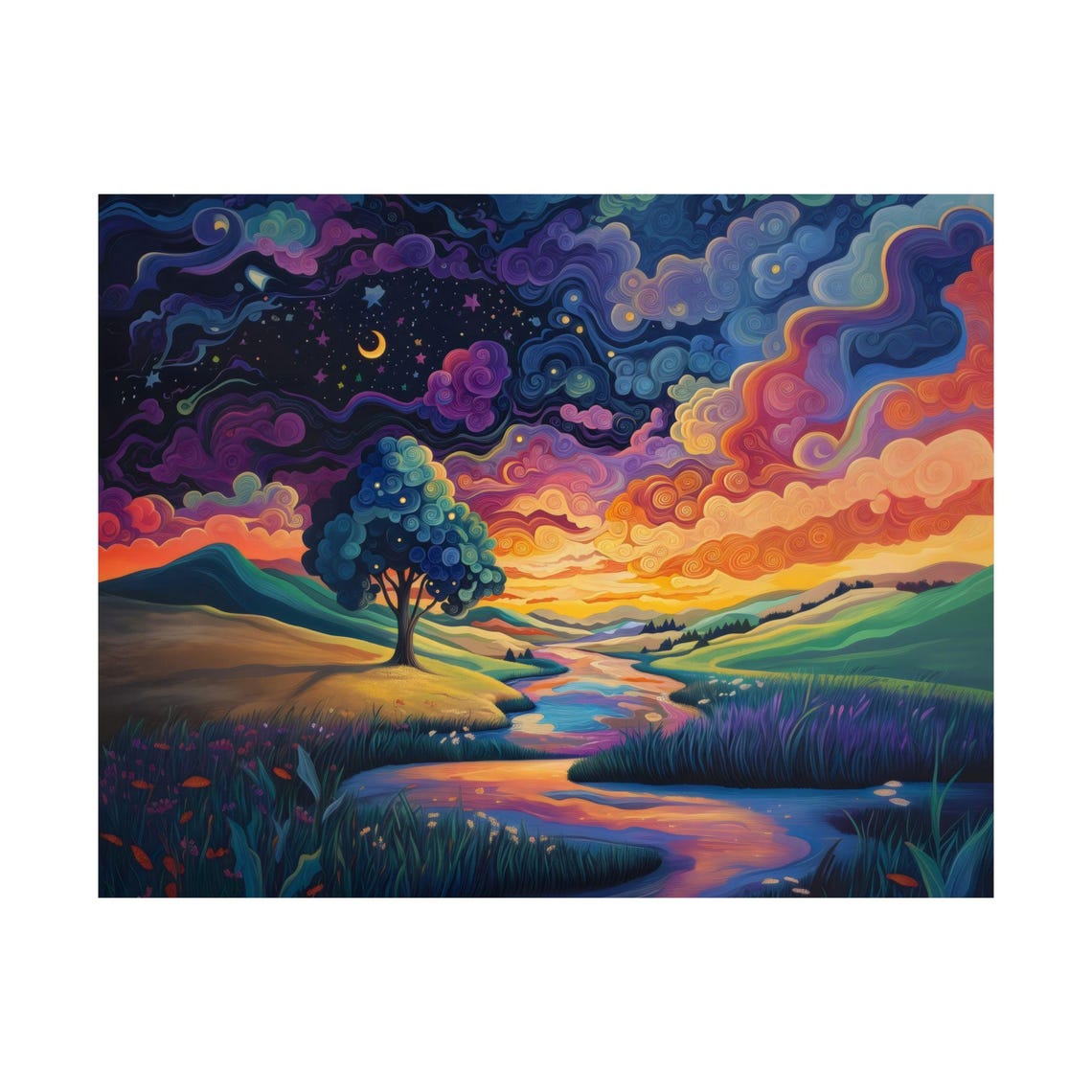 Vibrant Night Sky Swirls Above Quiet Countryside Tree Poster - Image 3