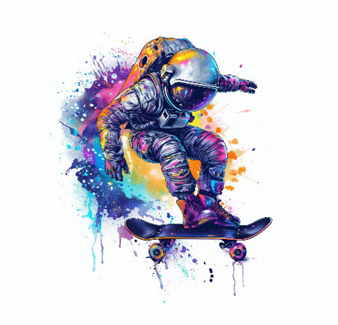 Astronaut Skateboard Trick Colorful Space Watercolor Art Poster - Image 2