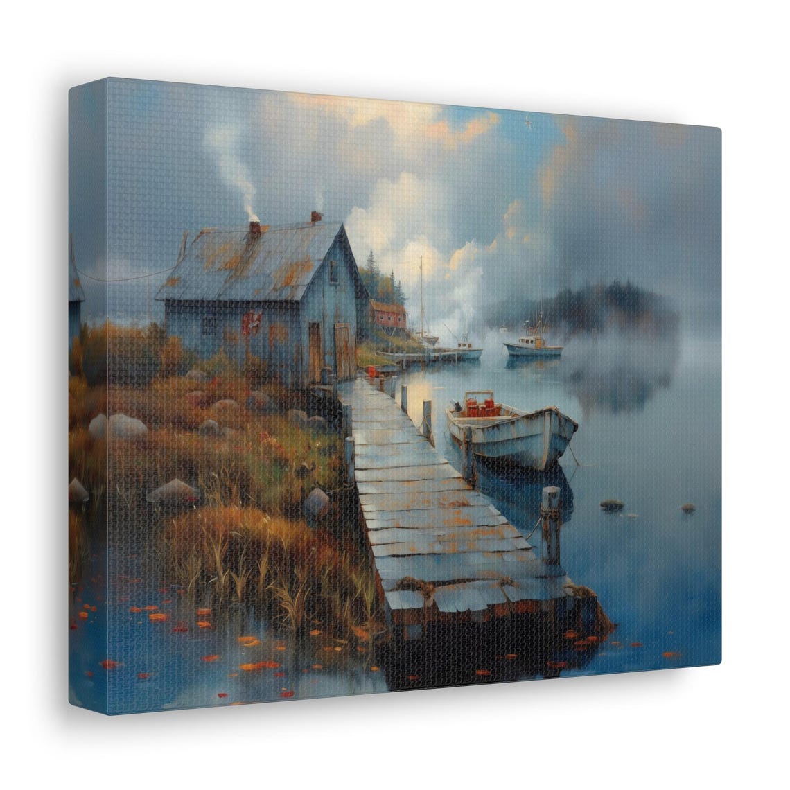 Rustic Fishing Cabin Wooden Dock Boats Misty Morning Lake Print - Image 2