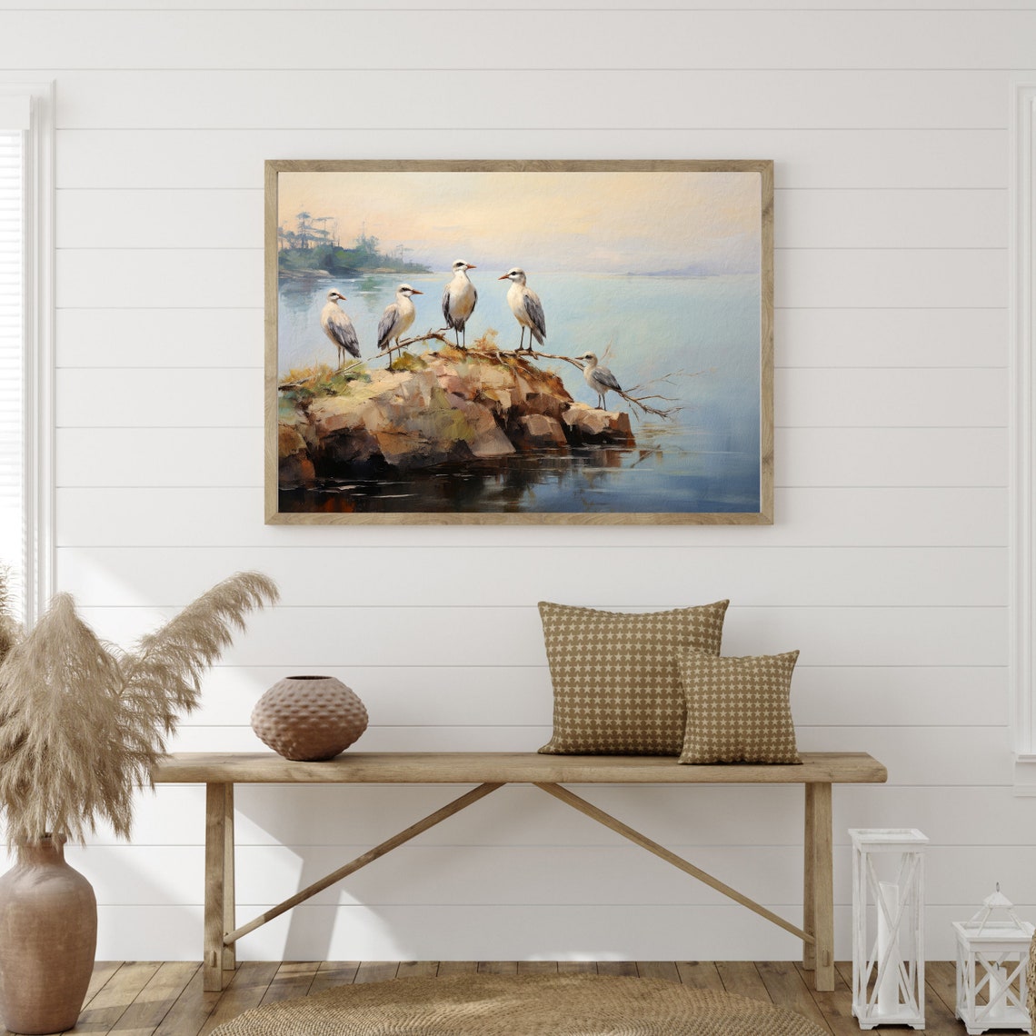 Seabirds Rocky Perch Calm Water Vintage Coastal Bird Painting Poster - Image 2