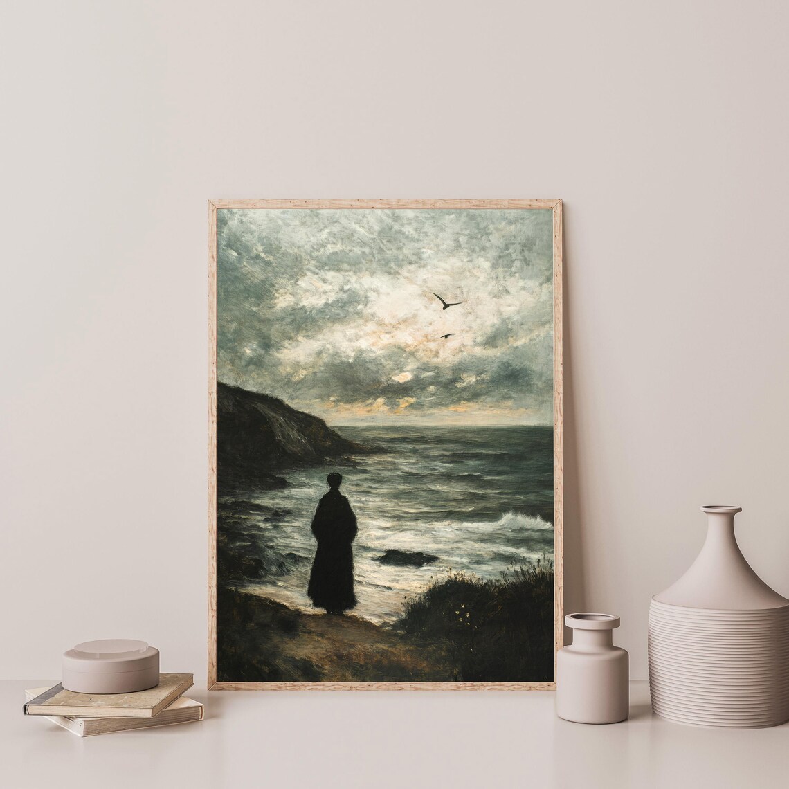 Moody Coastal Cloaked Figure Stormy Sea Antique Gothic Ocean Poster - Image 3