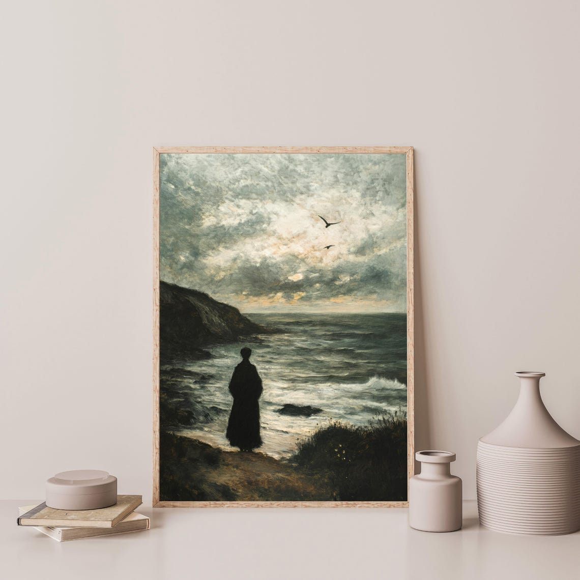 Moody Coastal Landscape Painting Vintage Spooky Ocean Wall Art Dark Rustic Antique Home Decor 1038 - Image 3