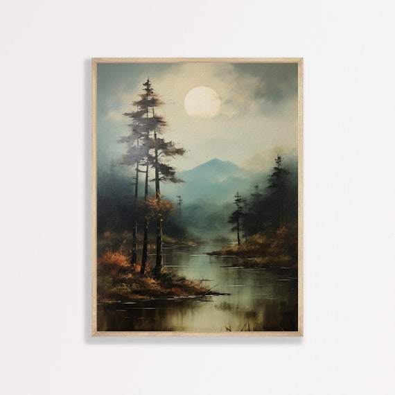Moonlit Landscape Print Moody Vintage Wall Art Antique Night Oil Painting Rustic Cottagecore Maximalist Decor P 697