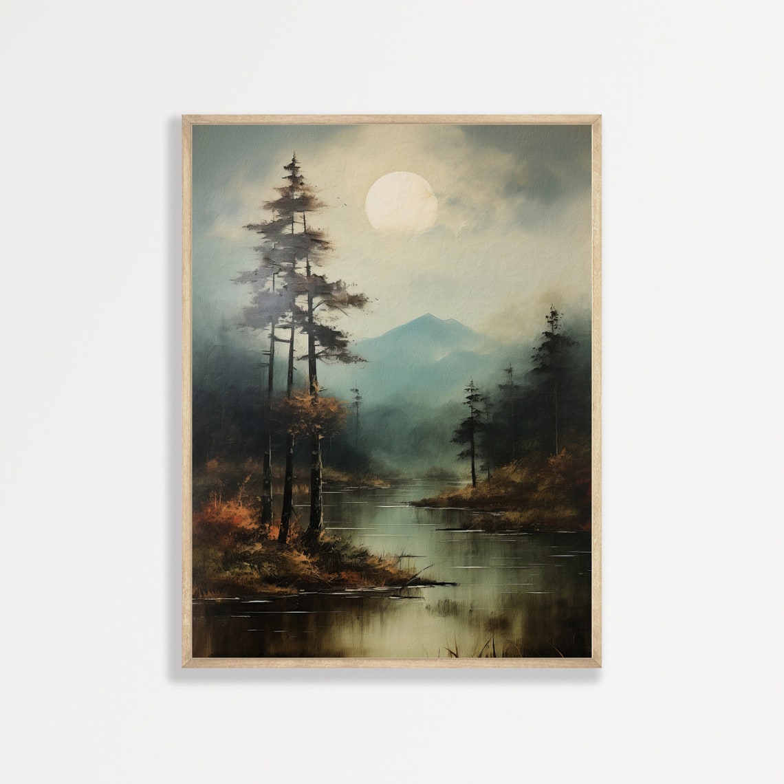 Moonlit Pine Lake Mountain Reflection Misty Night Landscape Print