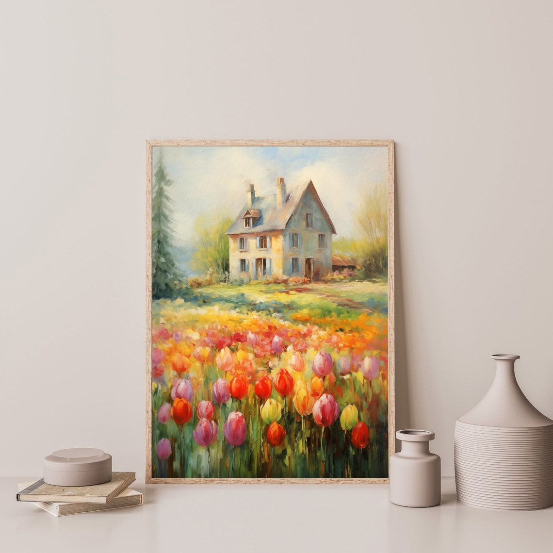 Country Cottage Behind Vibrant Tulip Field Painting Vintage Wall Art - Image 3