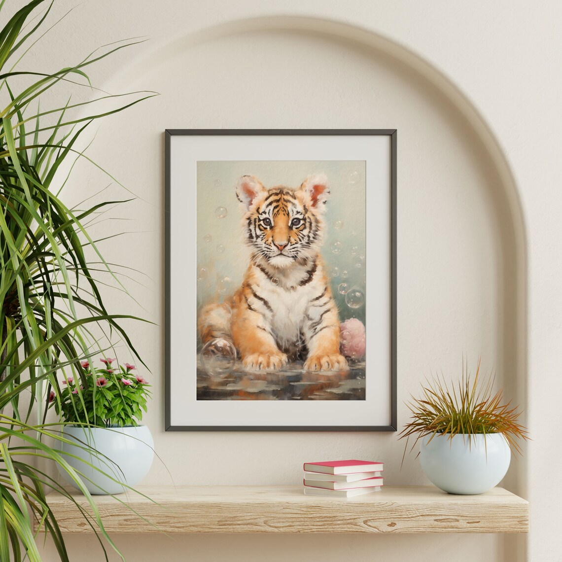 Baby Tiger Cub Bubbles Watercolor Cute Nursery Animal Art Poster - Image 2