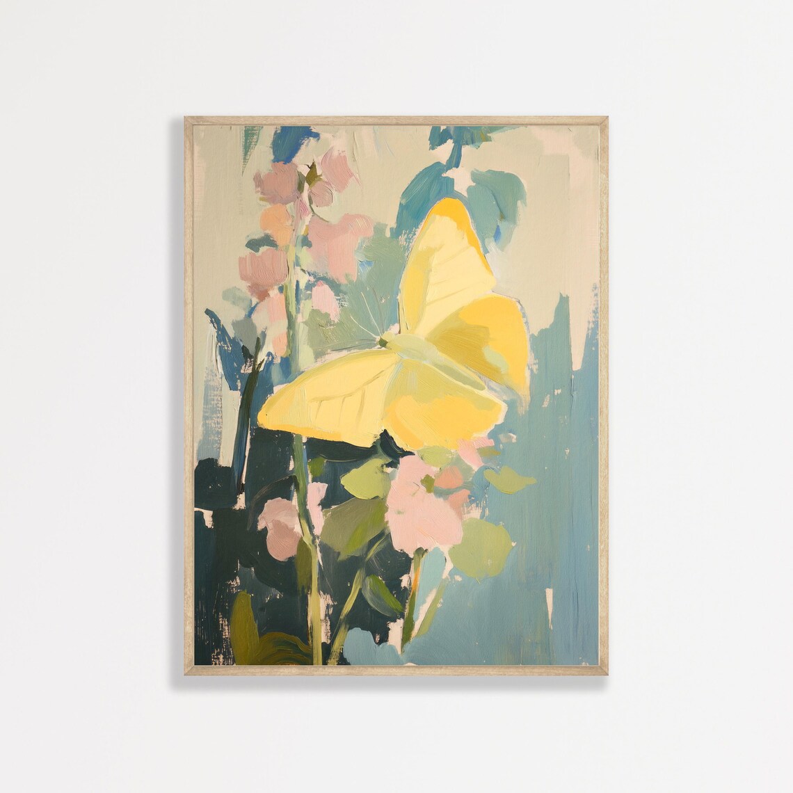 Yellow Butterfly Pink Blossoms Teal Floral Impressionist Art Print