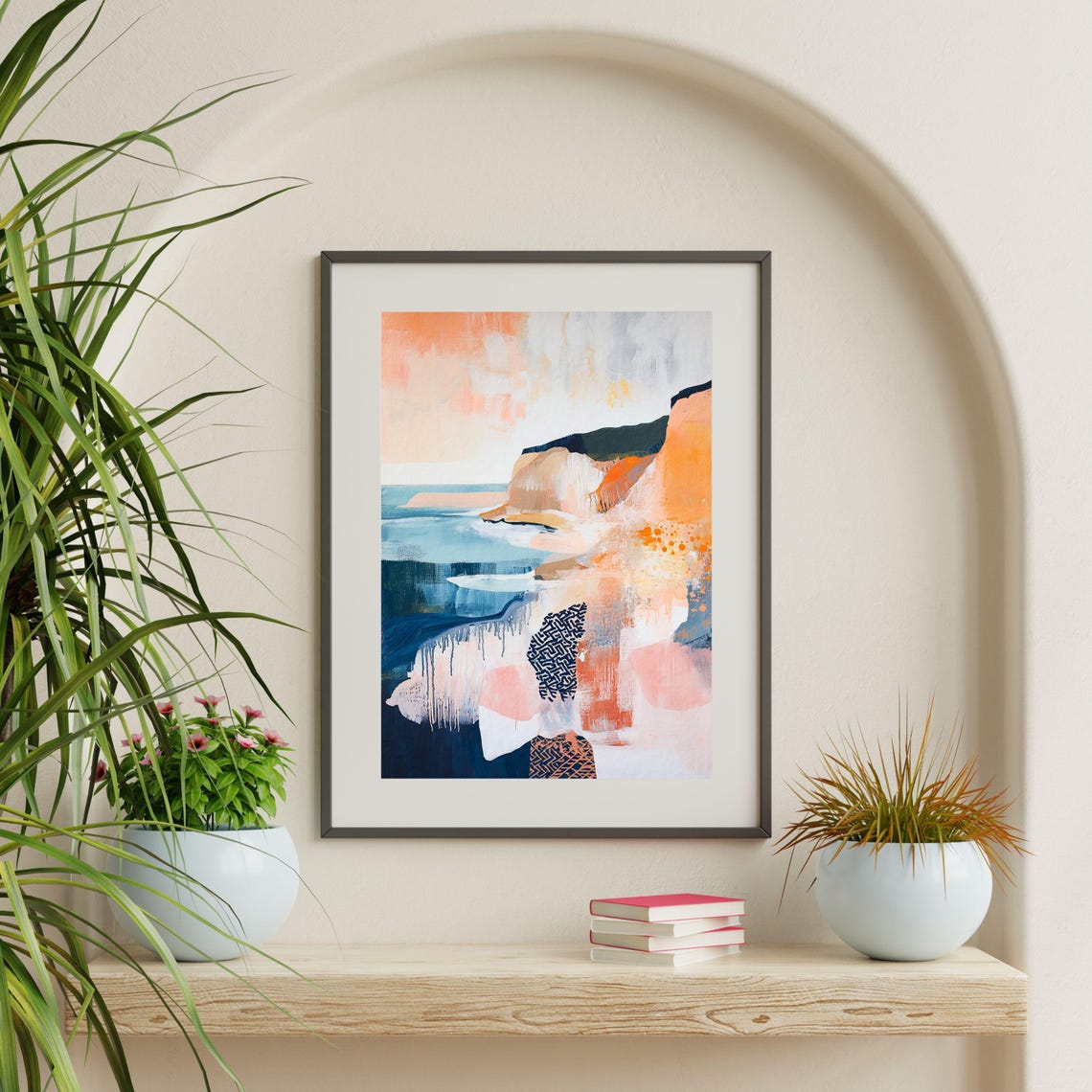 Boho Abstract Coastal Cliffs Coral Teal Modern Landscape Print - Image 2