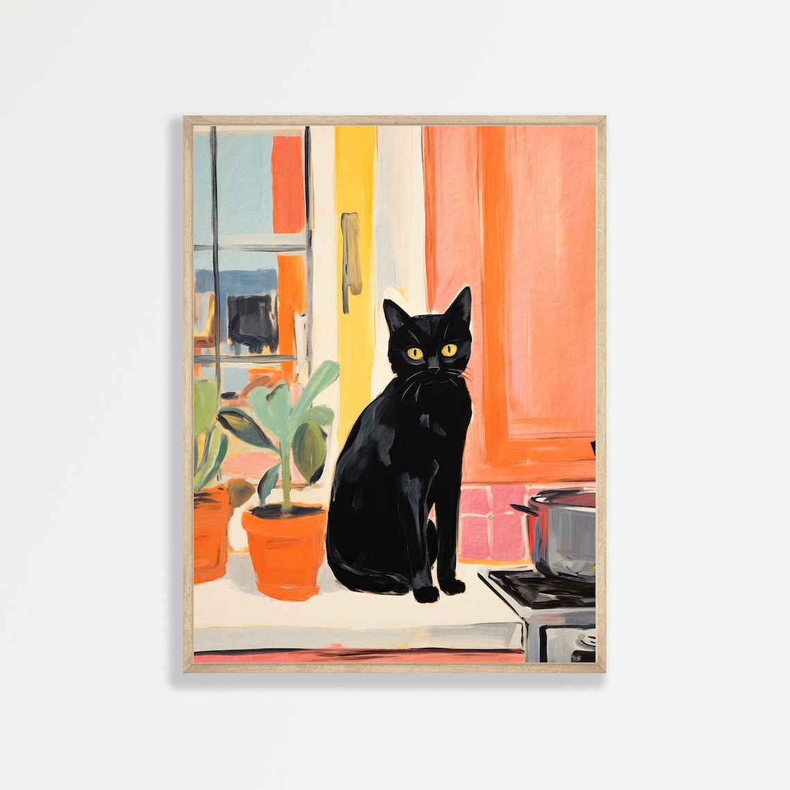 Black Cat Yellow Eyes Kitchen Counter Potted Plants Painting Poster