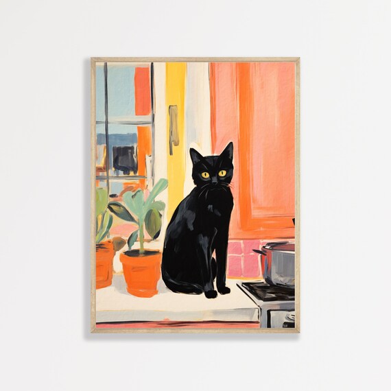 Black Cat Yellow Eyes Kitchen Counter Potted Plants Painting Poster