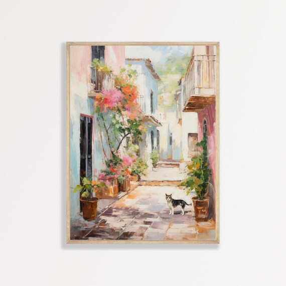 Cat Alleyway Retro Pastel European Art Print
