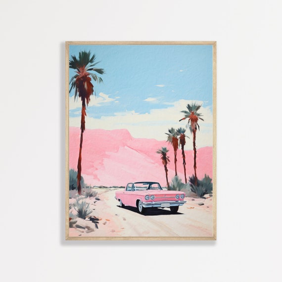 Pink Desert Painting Retro Western Wall Art Minimal Eclectic Boho Home Decor Vintage Poster P 362