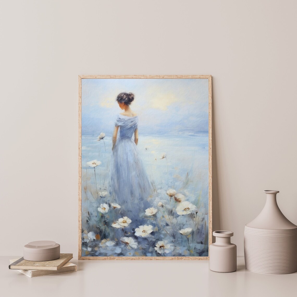 Flower Field Portrait, Retro Pastel Blue Art Print - Image 3