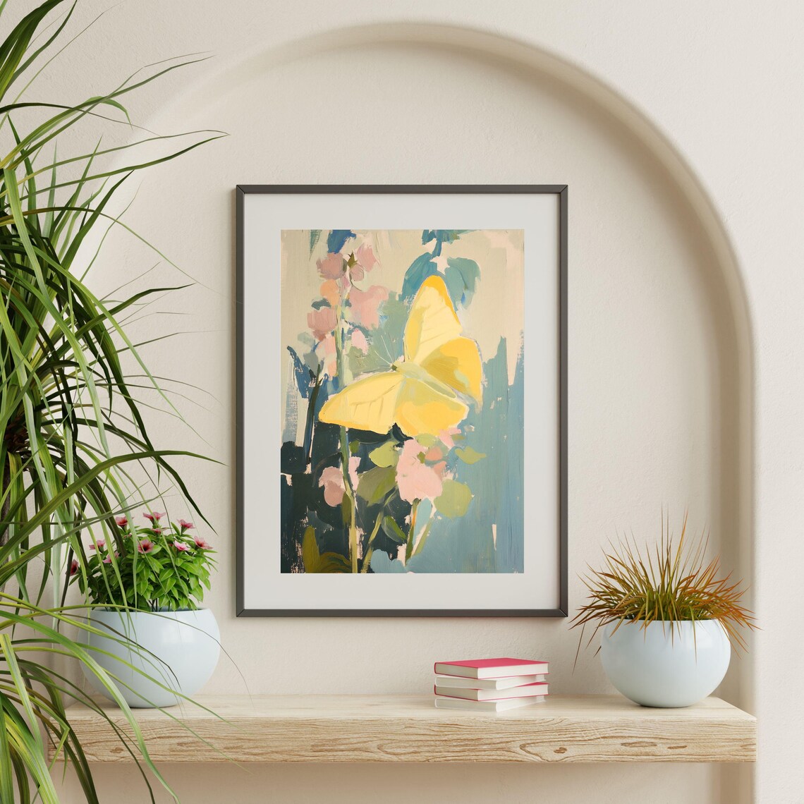 Yellow Butterfly Pink Blossoms Teal Floral Impressionist Art Print - Image 2