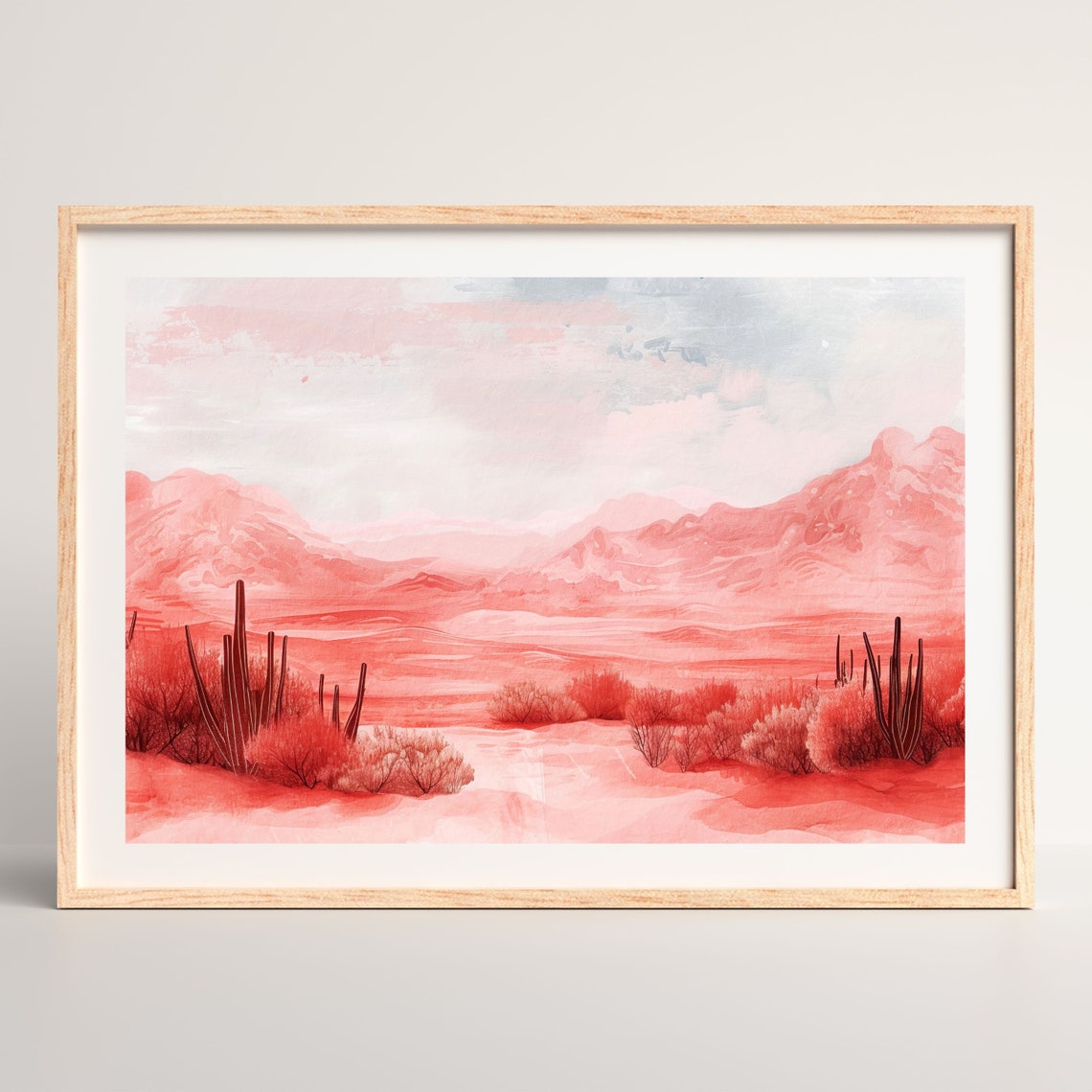 Pink Watercolor Desert Cactus Mountains Soft Pastel Art Poster - Image 2
